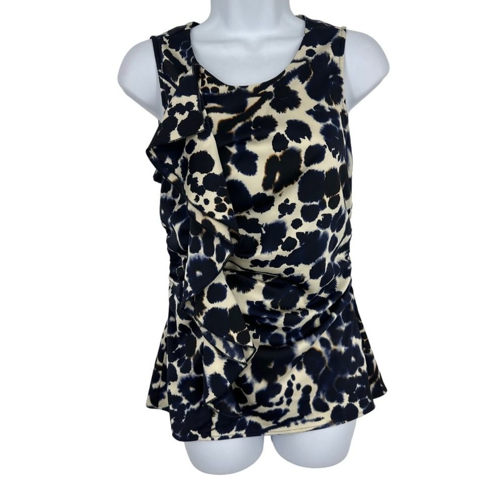 Ann Taylor Abstract Animal Print Sleeveless Woven Top with Ruffle Size 2